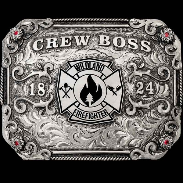 "Our Boise Belt Buckle is the perfect addition to represent your department. Crafted on a German Silver base, it features expertly hand-engraved western scrollwork, flowers in each corner with cubic zirconia stones, and is tied together with a tradit